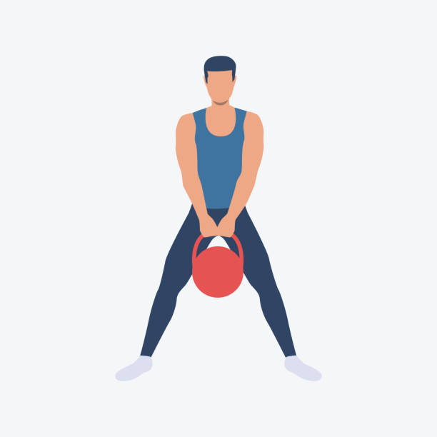 ilustraciones, imágenes clip art, dibujos animados e iconos de stock de entrenamiento con kettlebells icono plana - health club gym young men dumbbell