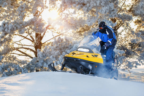 rusia, sibiria, 24 de enero de 2019: hombre en una moto de nieve en movimiento en el bosque de invierno en la salida del sol día de invierno - sibiria fotografías e imágenes de stock