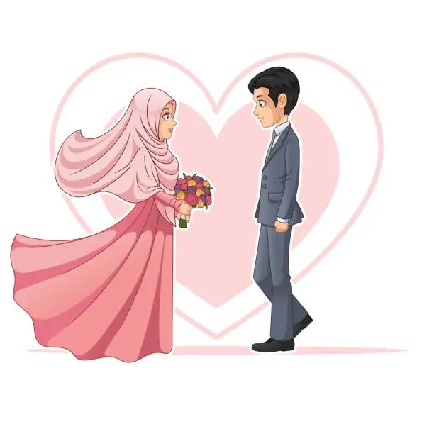 Vector illustration of Muslim Bride and Groom Looking at Each Other Cartoon Character Design Vector Illustration