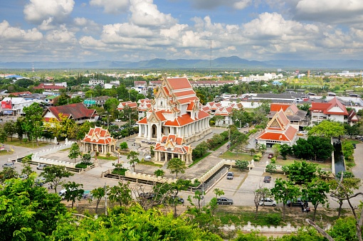 Aerial view of Thai Buddhist temple Wat Thammikaram Worawihan in Prachuap city in Prachuap Khiri Khan province of Thailand