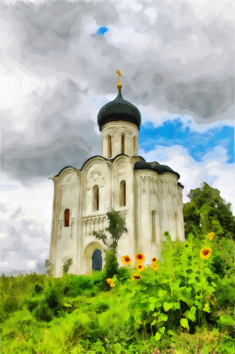 Abstract watercolor rural landscape. Church of the Intercession on the River Nerl. Digital painting - illustration. Watercolor drawing.