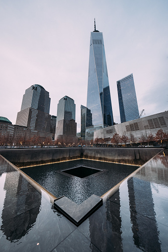 One World Trade Center and National September 11 memorial waterfalls