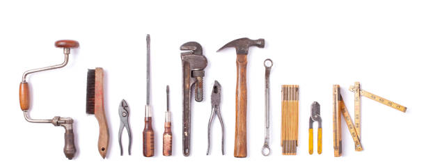 colección de herramientas de trabajo vendimia aislado - wrench ruler screwdriver hammer fotografías e imágenes de stock