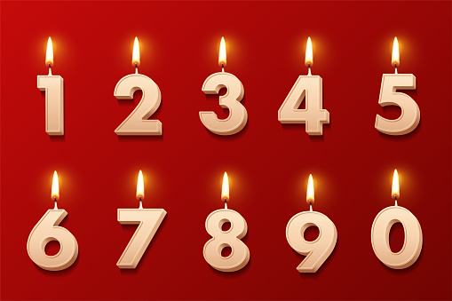 Birthday candles with burning flames isolated on red background. Vector design elements.