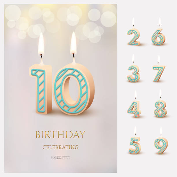 ilustrações de stock, clip art, desenhos animados e ícones de burning number 10 birthday candles with birthday celebration text on light blurred background and burning birthday candle set for other dates. vector vertical birthday invitation template. - third party