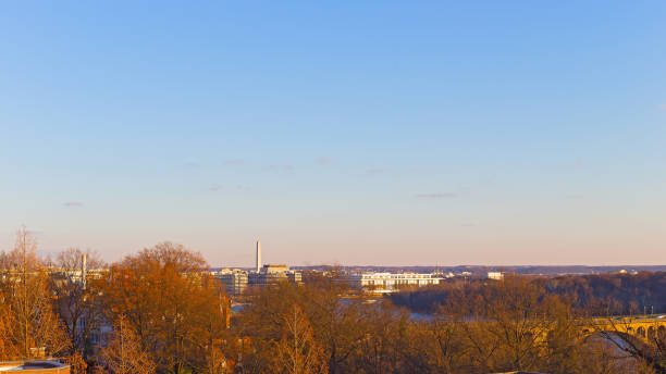 Washington DC panorama in winter near Potomac River waterfront, USA.