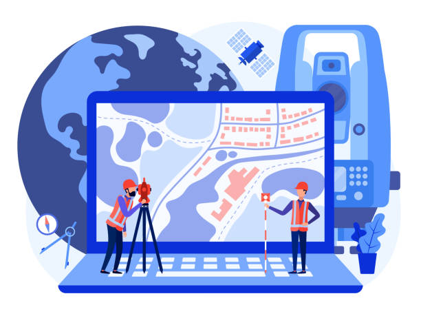 ilustrações de stock, clip art, desenhos animados e ícones de concept cadastral engineers, surveyors and cartographers produce geodetic survey of the area using theodolite and map on a laptop. vector flat illustration. - tachymeter