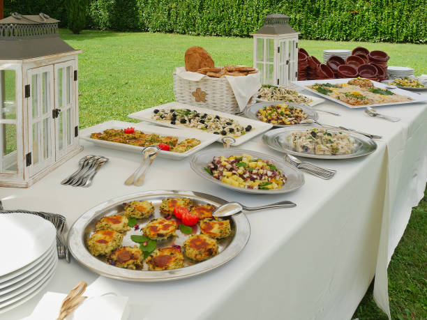 istock Food or buffet and table set at ceremony or event garden 1126043058