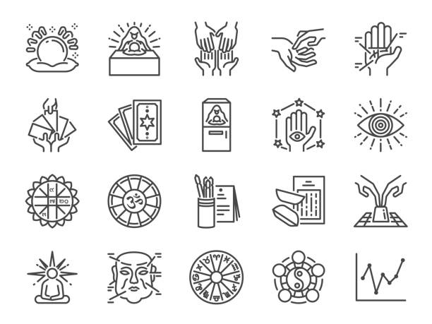 Fortune telling line icon set. Included icons as fortunes, tarot, palmistry, Chi-Chi Sticks, horoscope and more. Fortune telling line icon set. Included icons as fortunes, tarot, palmistry, Chi-Chi Sticks, horoscope and more. astrology chart stock illustrations