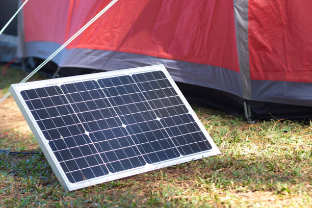 Portable solar panel for outdoors camping stock photo