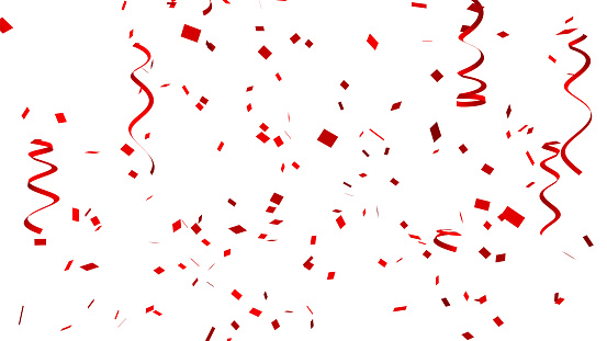 Muchos Confeti rojo y cinta sobre fondo blanco para el evento de celebración y fiesta de año nuevo, fiesta de cumpleaños, Navidad o cualquier día de fiesta. 3D Resumen ilustración photo