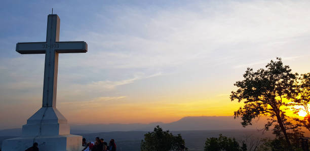Cross at Križevac hill at sunrise, Medjugorje, Bosnia and Herzegovina stock photo