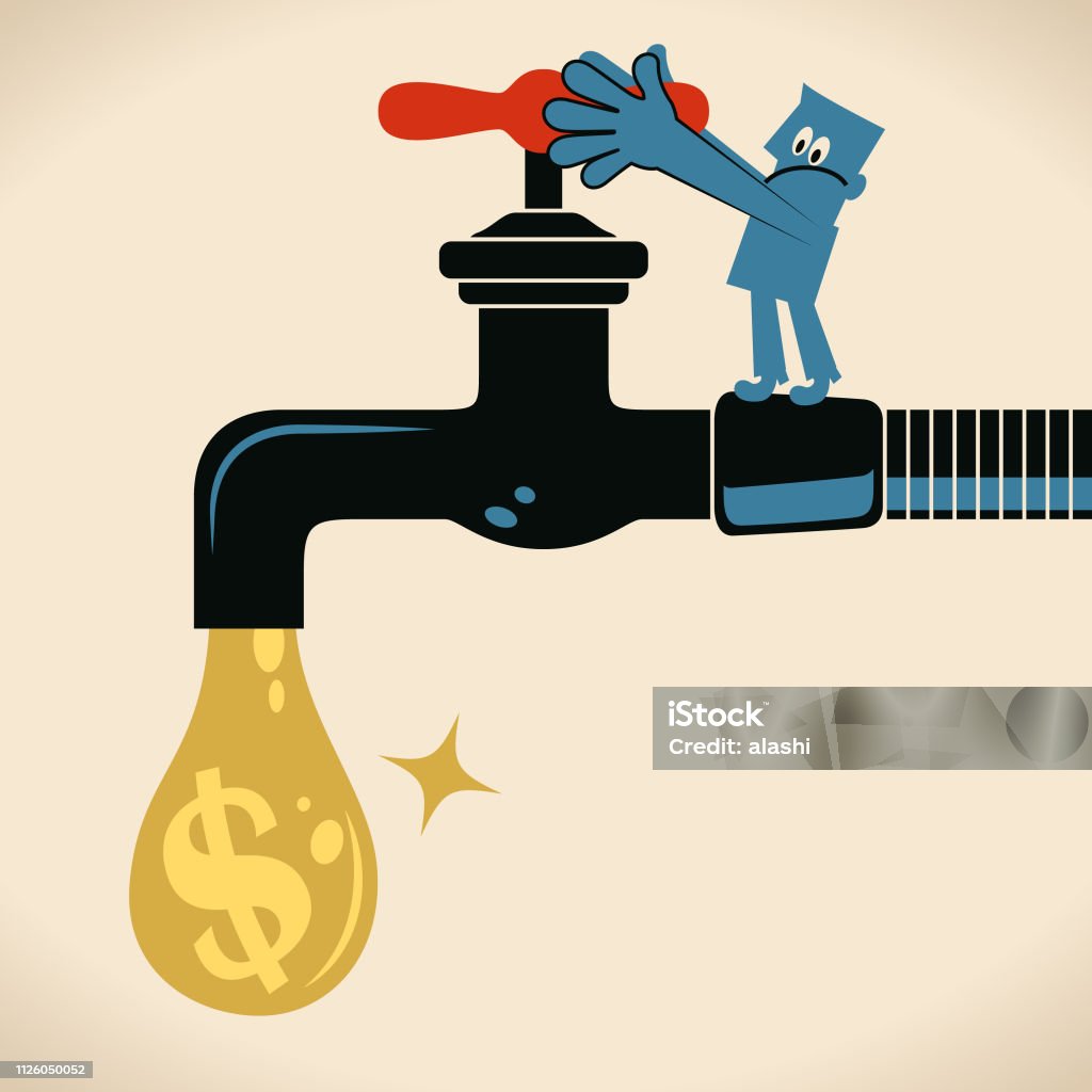 Blue man turning on or turning off the tap with a drop of dollar sign currency Blue Little Guy Characters Full Length Vector art illustration.Copy Space.
Blue man turning on or turning off the tap with a drop of dollar sign currency. Dollar Sign stock vector