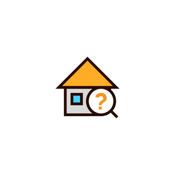 Vector illustration of random search house icon. home with magnifying glass and question mark symbol. simple clean thin outline style design.