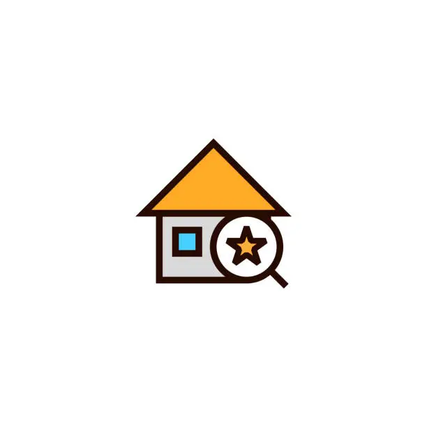 Vector illustration of search favorite house icon. home with magnifying glass and star symbol. simple clean thin outline style design.