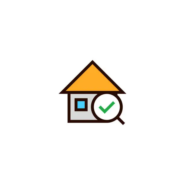 Vector illustration of recommended house search icon. home with magnifying glass and okay check symbol. simple clean thin outline style design.