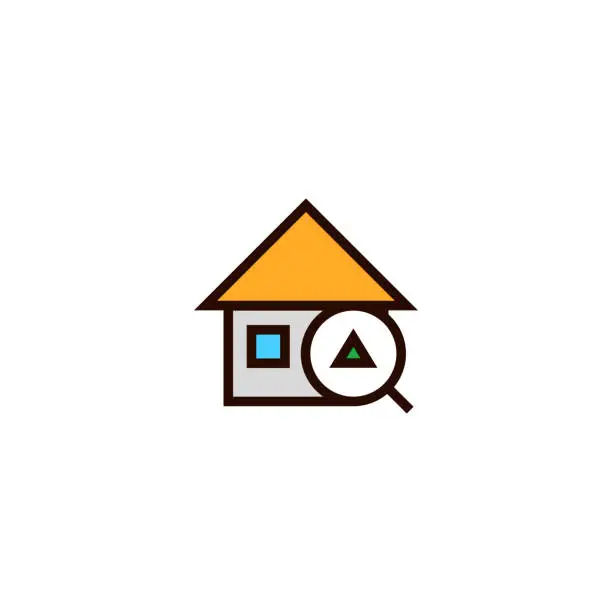Vector illustration of up house search icon. home with magnifying glass and arrow symbol. simple clean thin outline style design.