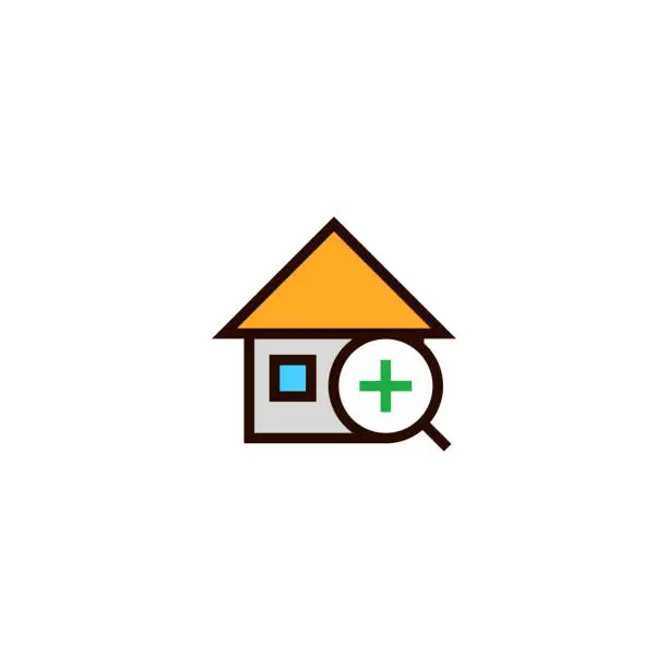 Vector illustration of add house search icon. home with magnifying glass and plus symbol. simple clean thin outline style design.