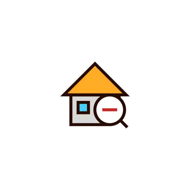 Vector illustration of minus house search icon. home with magnifying glass and stripe symbol. simple clean thin outline style design.