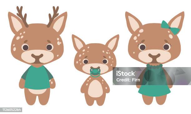 Cute Cartoon Style Deer Family With Father Mother And Baby Vector Illustration Stock Illustration - Download Image Now