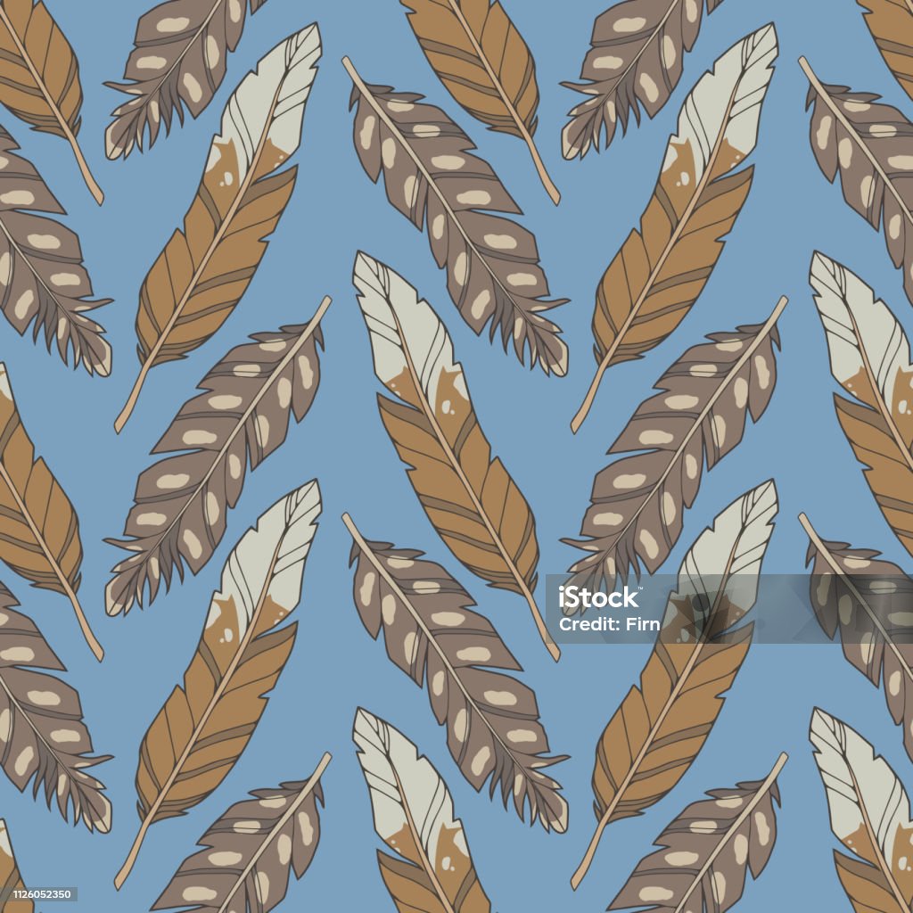 Seamless illustration pattern with cartoon style natural brown eagle feathers on bue background Pattern in trendy boho or ethno style Abstract stock illustration