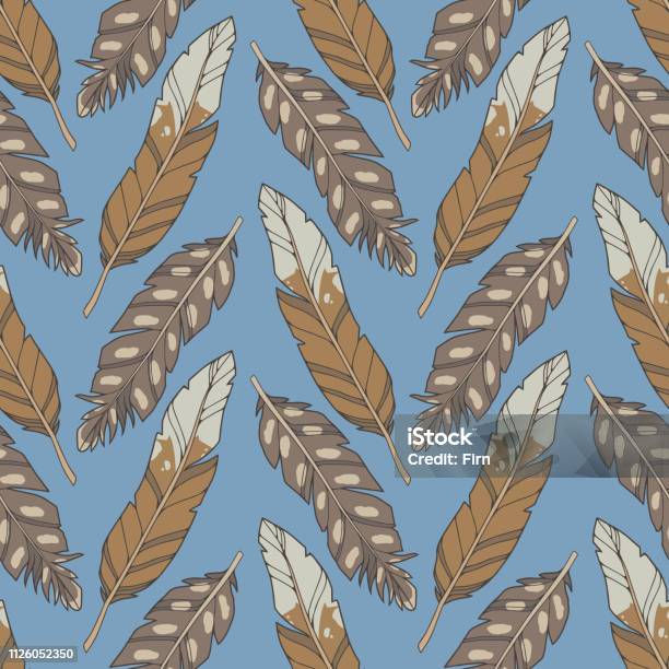 Seamless Illustration Pattern With Cartoon Style Natural Brown Eagle Feathers On Bue Background Stock Illustration - Download Image Now