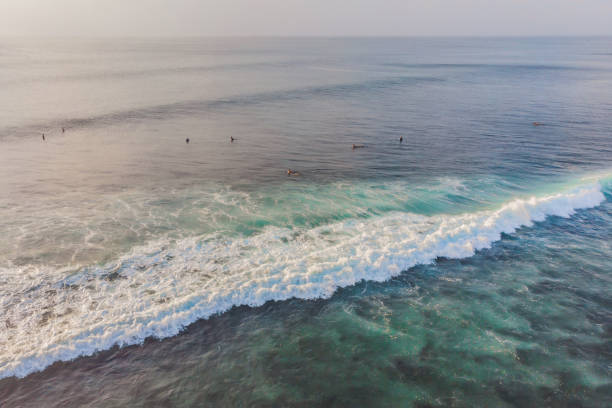 istock Surfers on the waves in the ocean, top view 1126052355