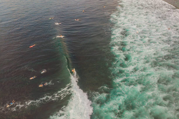 istock Surfers on the waves in the ocean, top view 1126052398
