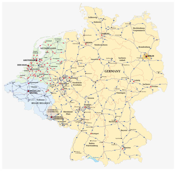 illustrazioni stock, clip art, cartoni animati e icone di tendenza di mappa vettoriale autostradale della germania e degli stati del benelux - autobahn
