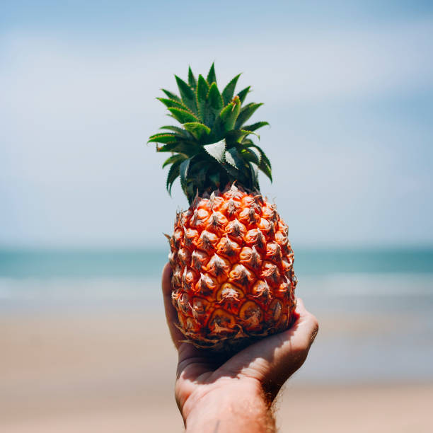 istock Man holding a pineapple at the beach 1126059546
