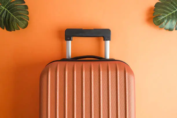 Photo of Luggage and monstera leaves on orange background minimalistic summer vacation concept.