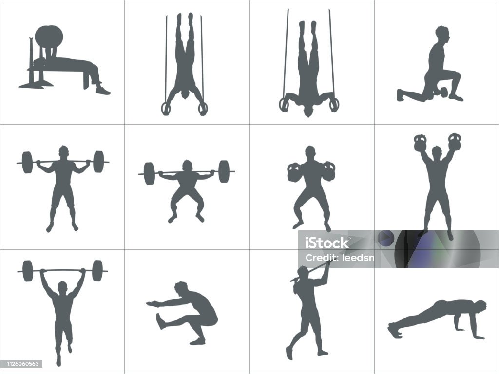 Vector silhouettes of people doing fitness and gym workouts gym concept. Vector silhouettes of people doing fitness and gym workouts in many different position. Active and healthy life concept Cross Training stock vector