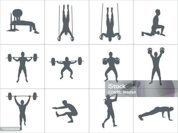 Vector Silhouettes Of People Doing Fitness And Gym Workouts Stock Illustration - Download Image Now