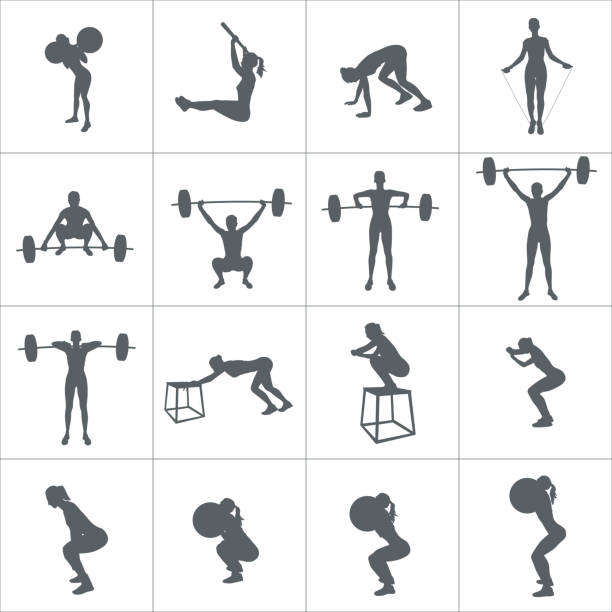 ilustraciones, imágenes clip art, dibujos animados e iconos de stock de concepto de crossfit. siluetas vectoriales de personas haciendo ejercicios de fitness y crossfit en posición diferente de muchos - agacharse ilustraciones