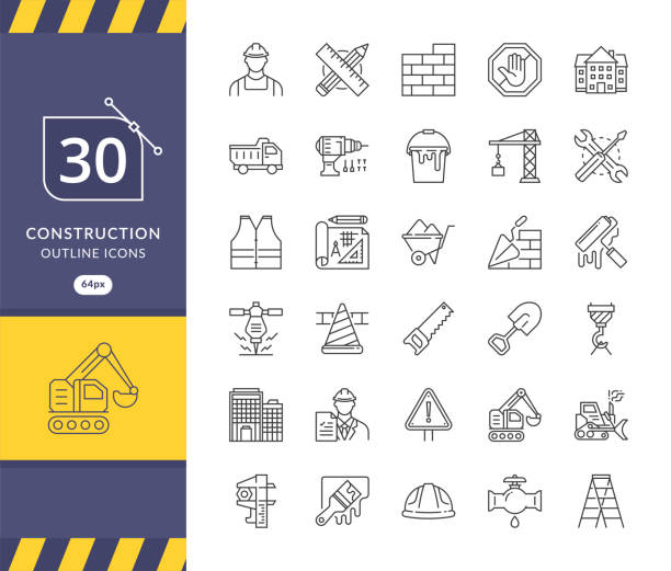 illustrazioni stock, clip art, cartoni animati e icone di tendenza di semplice set di icone vettoriali relative alla costruzione - cantiere