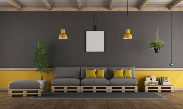Gray and yellow living room with pallet sofa