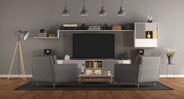 istock Minimalist gray room with home cinema system 1126065699