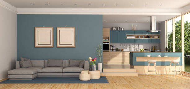 istock Blue living room with kitchen on background 1126065731
