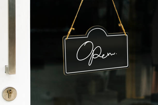 istock Open, wooden door sign mockup 1126067037