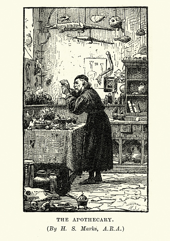 Vintage engraving of Apothecary working in his workshop. Apothecary is one term for a medical professional who formulates and dispenses materia medica to physicians, surgeons, and patients.