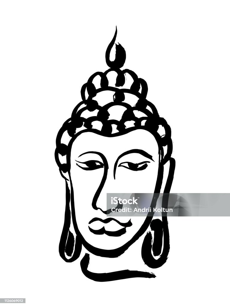 Abstract ink brush hand drawn calligraphy Buddha head. Black isolated buddhism god face on white background Art stock vector