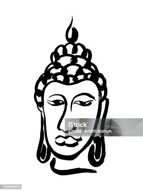 Abstract Ink Brush Hand Drawn Calligraphy Buddha Head Black Isolated Buddhism God Face On White Background Stock Illustration - Download Image Now