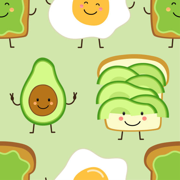 ilustrações de stock, clip art, desenhos animados e ícones de seamless pattern with cute hand drawn cartoon characters of avocado, toast and egg - guacamole food bar vegan food