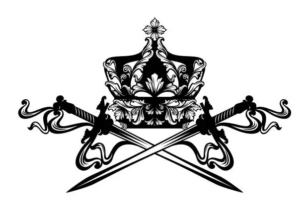 Vector illustration of royal crown and crossed swords vector design
