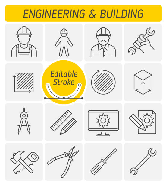 엔지니어링, 건물 개요 벡터 아이콘 세트입니다. - pliers stock illustrations