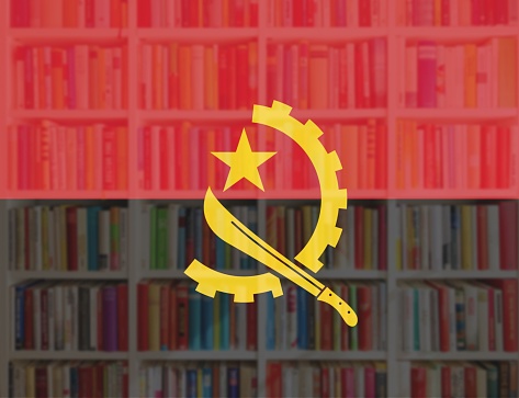 Angola flag with full book shelves background