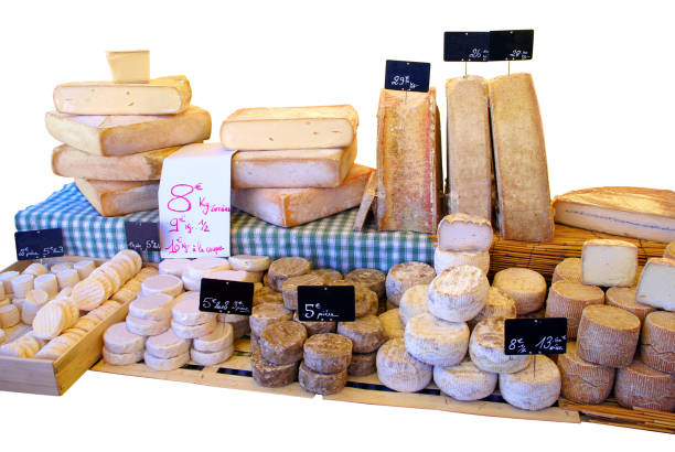 istock Cheese stall at the market. White background. 1126078448