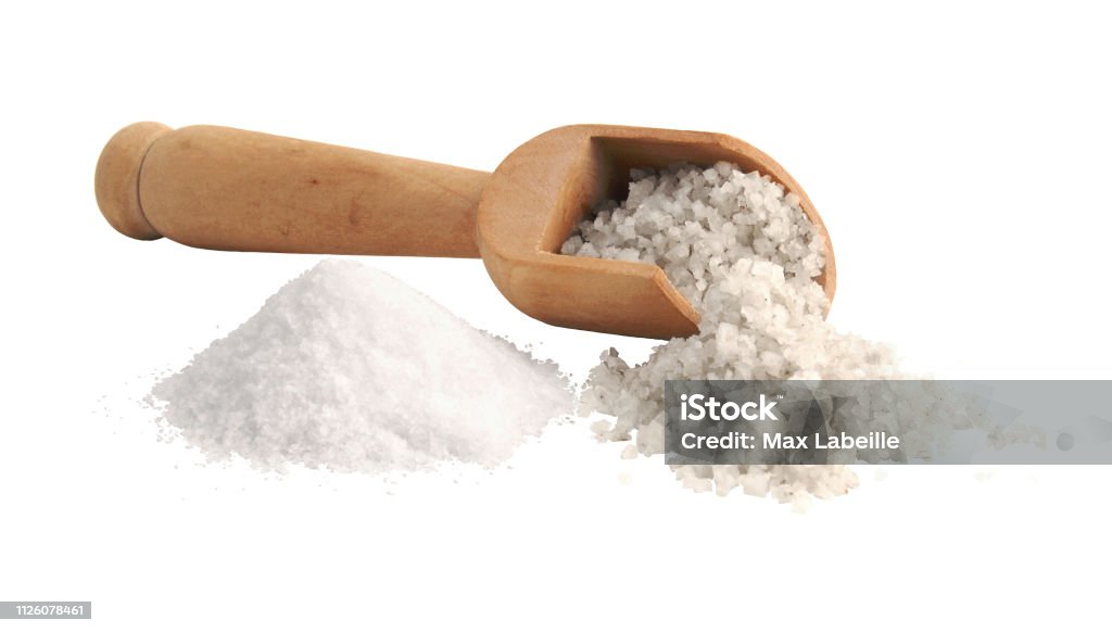 Coarse salt and refined salt, isolated on white background. Table salt is mainly used in cooking and at the table as a condiment, often associated with pepper.
The size of the grains of the coarse salt is between 1 and 6 millimeters. It is generally used in cooking in salt mills and for the preparation of dishes in crust. Salt - Mineral Stock Photo