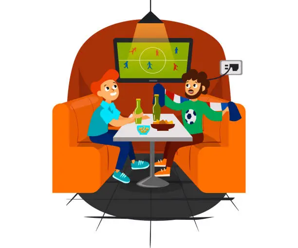 Vector illustration of Cartoon football party at bar with beer and snack