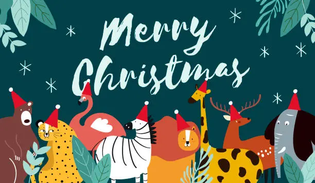 Vector illustration of Animal theme Merry Christmas card vector